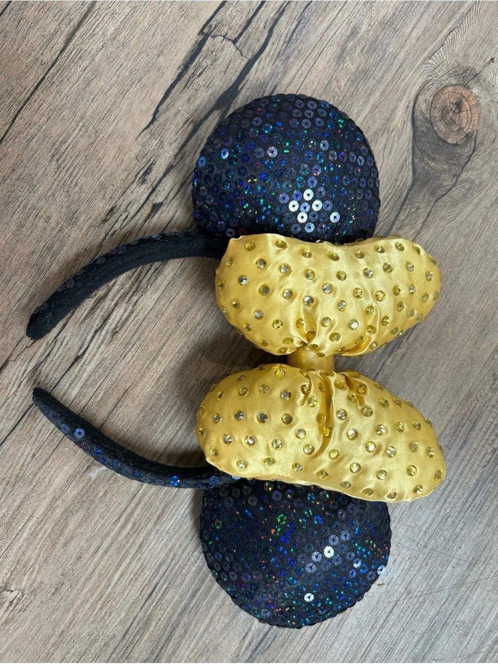 Disney Parks Sequined Mouse Ear Headband with Gold Bow